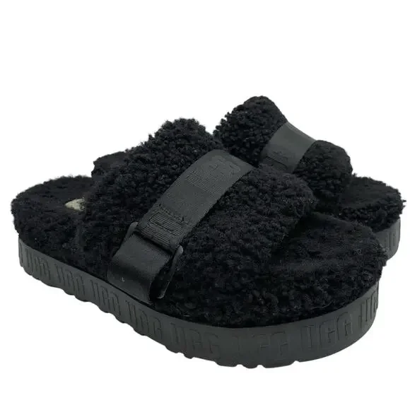 UGG Fluffita Platform Sheepskin Slipper Black Size 9/9.5 Lounge Travel Fuzzy - Picture 2 of 11